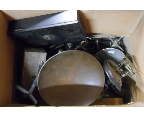 A box containing a quantity of metalware including postal and other scales, etc. - for restoration