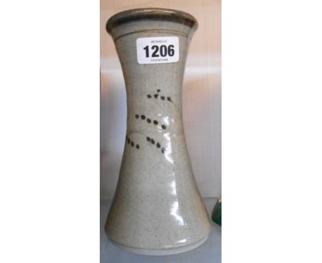 A Jeremy Leach Lowerdown studio pottery vase of waisted cylindrical form decorated with a hand painted tree motif with an oat