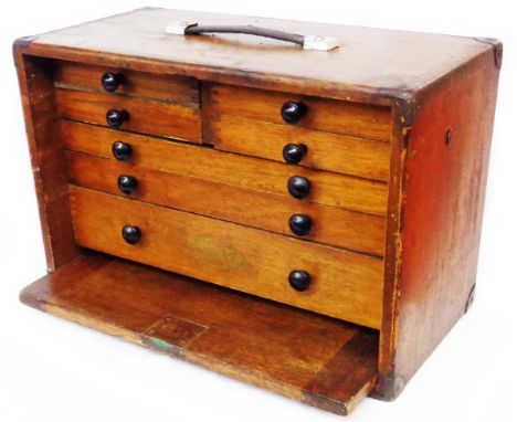 A 43cm vintage Moore &amp; Wright stained mixed wood engineer's cabinet chest with four internal short drawers over three lon