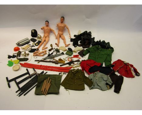Two vintage Action Man figures (a/f) and associated clothing and accessories