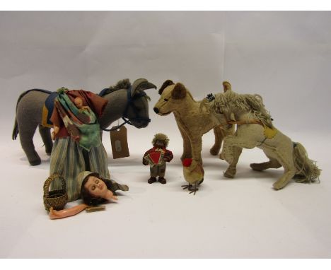 A Steiff 'Mecki' hedgehog, soft filled felt horse and dog, Barbara Jackman costume doll and small bird with wirework feet (5)