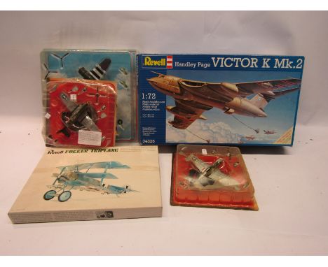 Two Revell aircraft plastic model kits to include Victor K Mk.2 and Fokker Triplane together with three diecast model aircraf