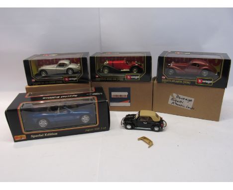 Three boxed Burago 1:24 scale diecast cars to include Mercedes-Benz S5K, Bugatti Atlantic Coupe and Jaguar XK120 Coupe togeth