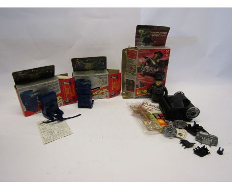 A boxed Mattel Bravestarr Outlaw Scuzz figure and Scuzz Bucket vehicle and two boxed Laser-Fire backpacks (3-boxes poor)