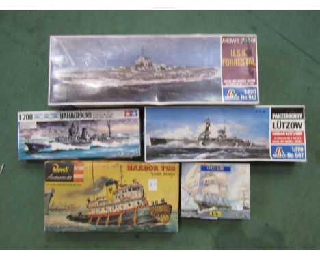 Five assorted boat and ship plastic model kits to include Italeri 1:120 scale U.S.S. Forrestal Aircraft Carrier and Panzersch