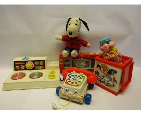 Assorted Fisher Price toys, a Snoopy and a boxed dolls tea service 