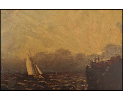 An 18th century oil on oak wood panel seascape painting, possibly Cornish. The panel painting with cloudy sunset overhanging 
