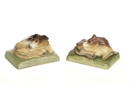 * Royal Worcester. Two calf models by Stella R. Crofts, (2896), purple marks, 7.5cm long, one professionally restored to the 