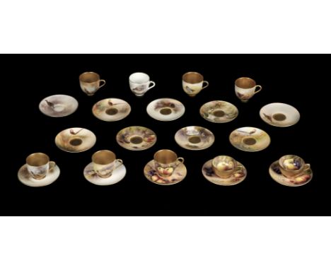 * Royal Worcester. A collection of tea cups and saucers comprising, a pheasant cup and saucer by James Stinton, tea cup 5cm h