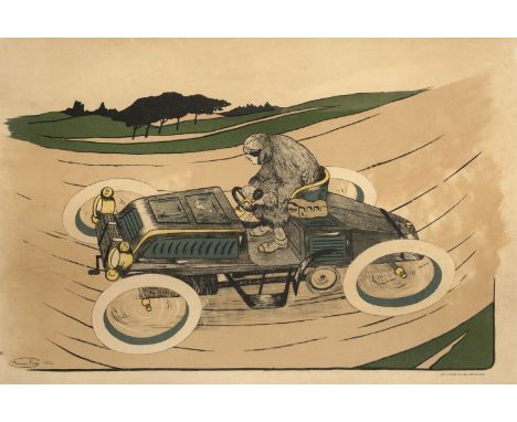 * Biais (Maurice, 1872-1926). Motoracing 1902, colour print on paper, showing a racing car on track with trees and green land
