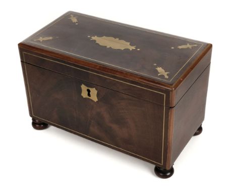 * Tea Caddy. A 19th century brass inlaid tea caddy, of rectangular form with brass inlay, the hinged lid enclosing two compar