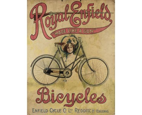 * Cycling. A Royal Enfield "Made Like A Gun" Bicycles advertising board, c.1900, colour lithograph on card, two eyelets to th