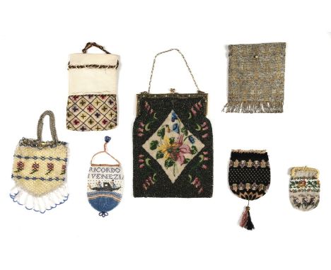 * Bags. A Regency reticule, early 19th century, hand-stitched draw-string bag, the lower portion of canvas embroidered with l