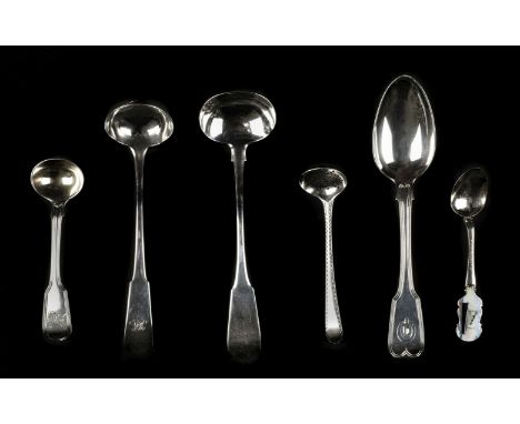 * Ladles. A collection of silver ladles, including a Victorian fiddle pattern sifter spoon by Thomas Byne, Exeter 1842, a Vic