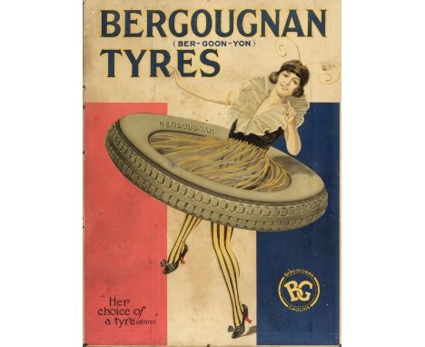 * Bergougnan Tyres. A Ber-Goon-Yon advertising board c.1920, colour lithograph on card, eyelets to the upper section, some da