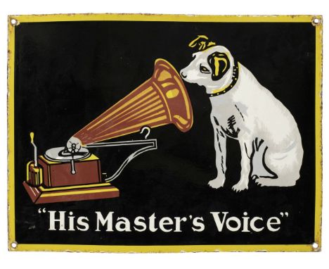 * His Master's Voice. An original HMV enamel sign, showing Nipper by a gramophone with the logo "His Master's Voice" beneath,