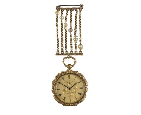 * Pocket Watch. A French yellow metal ladies fob watch c.1900, with engraved gold dial, black roman numerals and hands, elabo