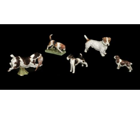 * Royal Worcester. A collection of dogs including Ranter by Miss A. Ellis, matt glaze (3356) purple mark, 11.5cm long, a span