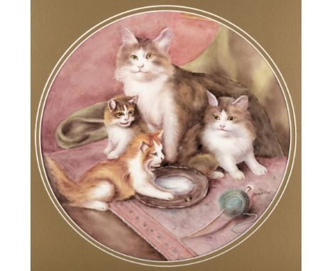 * Royal Worcester. A pair of circular porcelain wall plaques painted with cats by Bryan Cox, one with a mother and her litter