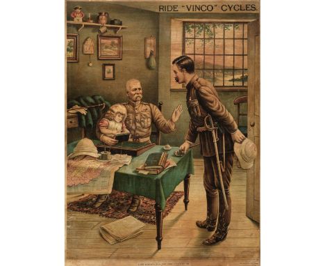 * Cycling. An Edwardian advertising poster c.1905, Ride "Vinco" Cycles , showing Lord Kitchener and the innkeepers child, col