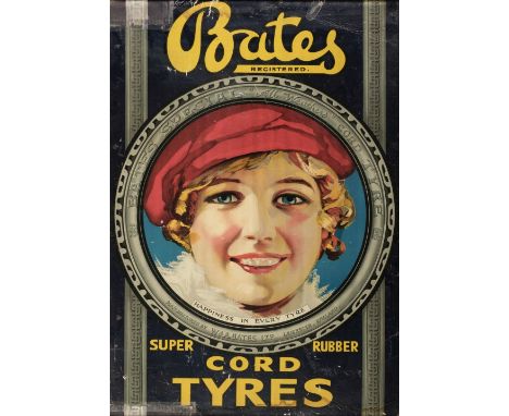 * Bates Tyres. An original 1920s Bates Special "All Weather Cord Tyres" poster, colour lithograph on paper laid on card, two 
