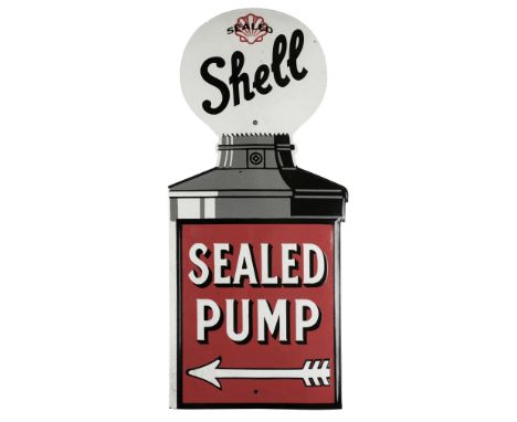 * Shell. A reproduction Shell Sealed Pump enamel sign, in the form of a petrol pump with black and white lettering on a red g