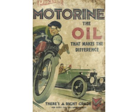 * Prices. A Prices Motorine Oil advertising board c.1930, colour lithograph on card with 2 eyelets to the upper edge, poor co