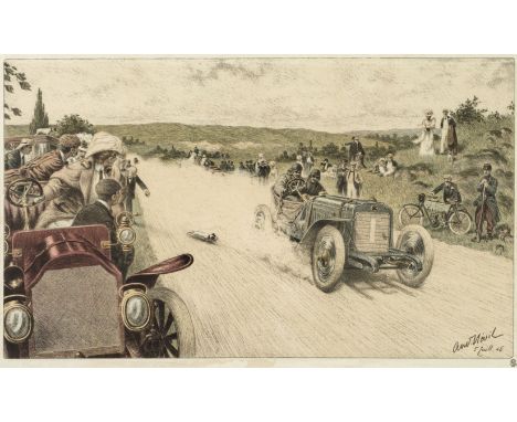 * Nevil (Andre, 20th century). Motor racing 1905, colour pochoir lithograph on paper, printed by Pour L'Estampe Sportive Arti