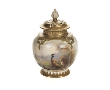 * Royal Worcester. A small vase and cover decorated with pheasants by James Stinton, the ovoid vase with pierced and gilt pai