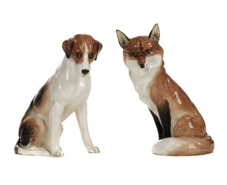 * Royal Worcester. Fox and Hound models, numbered 2993 and 2994 (fox with hairline cracks on base), purple marks, 18cm high t