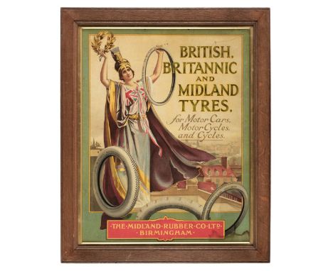 * The Midland Rubber Co Ltd. A British Britannic and Midland Tyres poster c.1910, colour lithograph on card, two eyelets to t