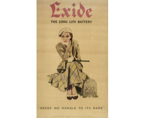 * Exide Batteries. An original show card for Exide The Long Life Battery c.1950, "Needs No Handle to its Name", colour lithog