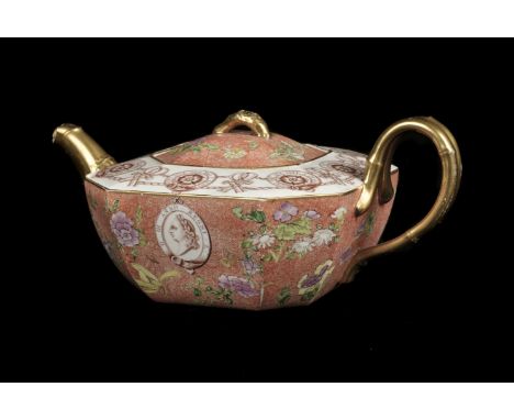 * George III. A rare Wedgwood white ware Jubilee pattern teapot and cover c.1810, of octagonal form printed with a portrait m