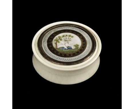 * Patch Box. A George III period ivory patch box, of circular form, the cover finely inset with doves and arrows painted on g