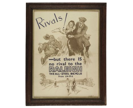* Cycling. A Raleigh bicycles advertising poster c.1930s, lithograph on paper laid on card, designed by F.H. Bell, fold creas