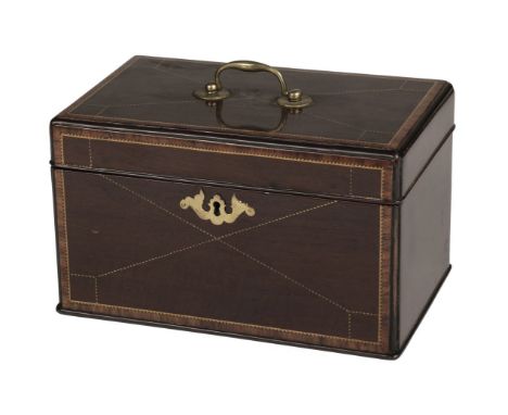 * Tea Caddy. A George III period mahogany tea caddy, of rectangular form with barbers pole inlay, brass carrying handle and k