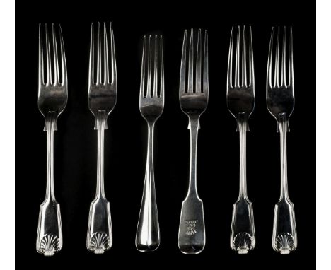 * Forks. A collection of silver table forks, including a set of 6 Victorian fiddle and shell pattern forks by Henry Hutton &a