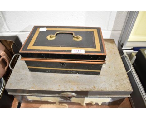 A deed box and a vintage petty cash tin or similar.