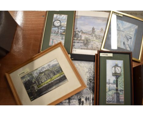 A collection of eight Railway and other prints including Whitchurch Station Clock, Silverdale Clock, Tower Bridge etc, framed