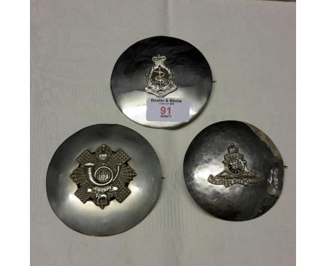 Medical cross plaid brooch & Highland light infantry plaid brooch, together with Royal artillery plaid brooch 