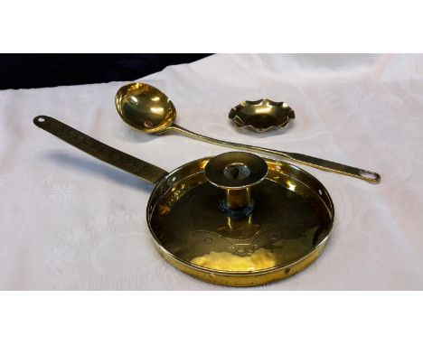 Arts & Crafts candle holder, ladle & pin dish made from brass & copper, 35cm long (ladle)