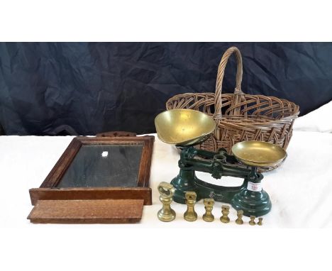 Librasco scales & brass weights, wicker basket & oak framed mirror 