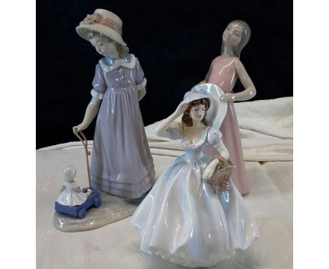 Two Lladro Girl figurines & Coalport figurine 