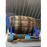 Lot of (2) Wooden Barrels, on metal barrel holder, on pallet