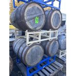 Lot of (4) Wooden barrels with (2) 2-Barrel metal support (34"H x 24"W)