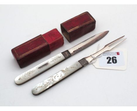 A XIX Century Hallmarked Silver and Mother of Pearl Folding Fruit Knife and Fork, Joseph Wilmore, Birmingham 1840, with engra