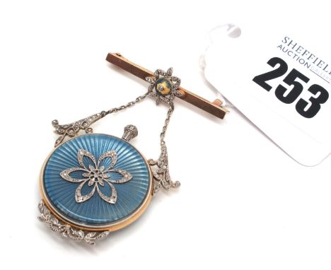 A Highly Decorative French Early XX Century Style Diamond and Enamel Fob Watch Brooch, the blue and white enamel highlighted 