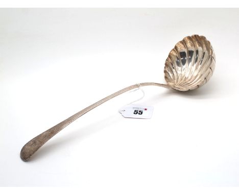 A Georgian Hallmarked Silver Old English Feather Edge Pattern Ladle, possibly John Lambe, London 1779, with shaped bowl, init