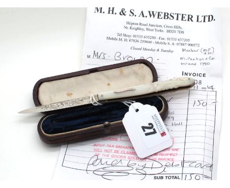 A XIX Century Hallmarked Silver and Mother of Pearl Folding Fruit Knife, MH&amp;Co, Sheffield 1858, with decorative shaped sc