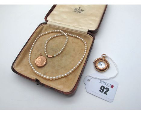 A Singe Strand Graduated Pearl Bead Necklace, together with a 9ct gold mounted compass pendant; a circular locket pendant (de